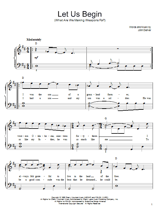 John Denver Let Us Begin (What Are We Making Weapons For?) sheet music notes and chords arranged for Piano Chords/Lyrics