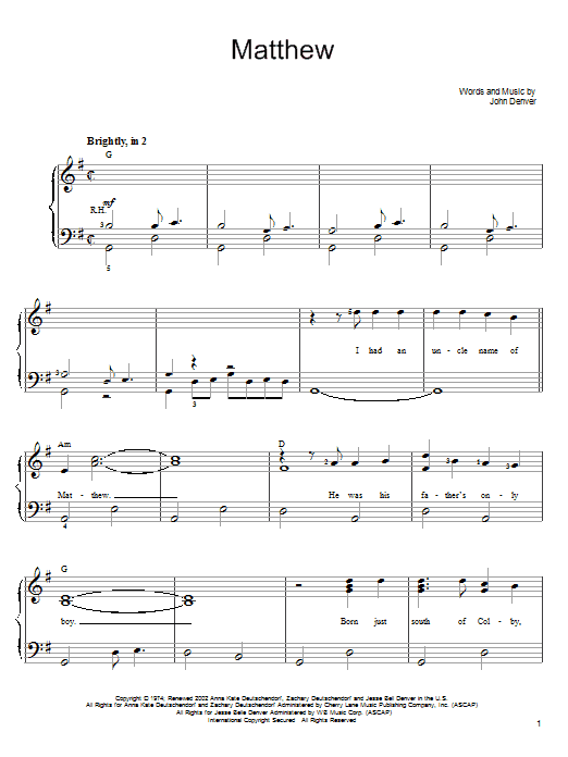 John Denver Matthew sheet music notes and chords arranged for Piano Chords/Lyrics
