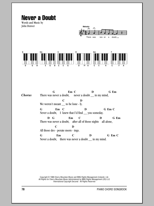 John Denver Never A Doubt sheet music notes and chords arranged for Piano Chords/Lyrics