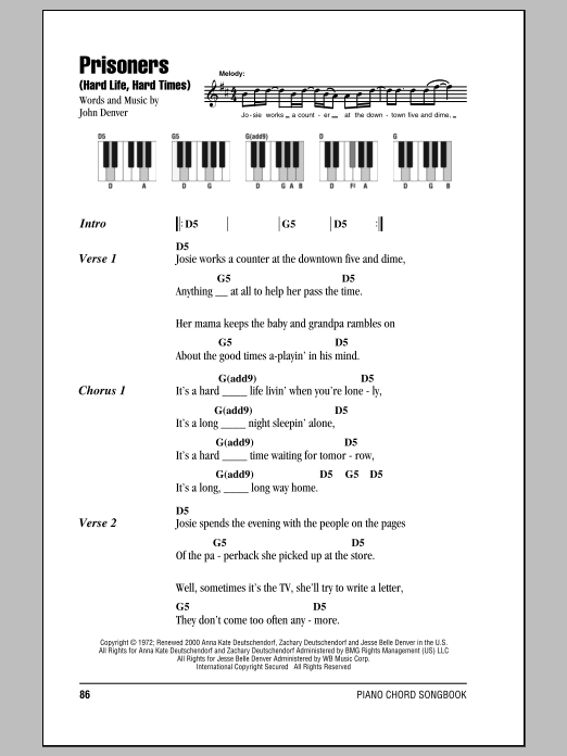 John Denver Prisoners (Hard Life, Hard Times) sheet music notes and chords arranged for Piano Chords/Lyrics