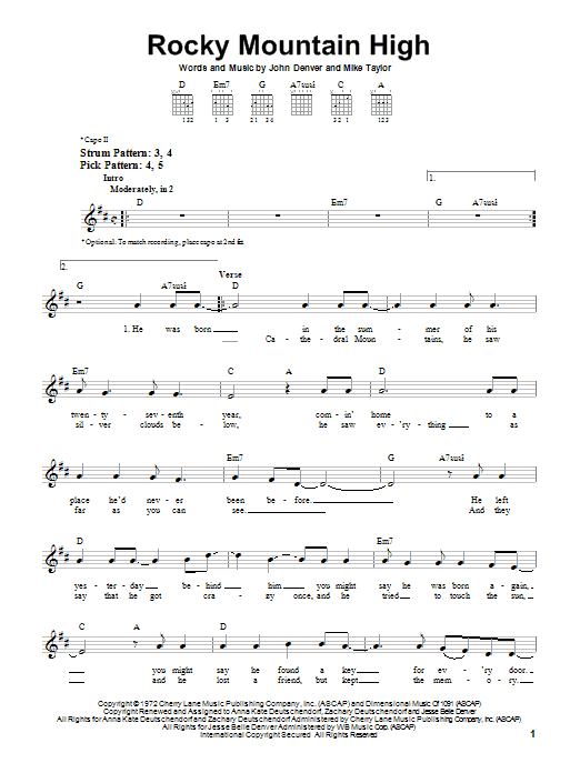 John Denver Rocky Mountain High sheet music notes and chords arranged for Piano, Vocal & Guitar Chords (Right-Hand Melody)