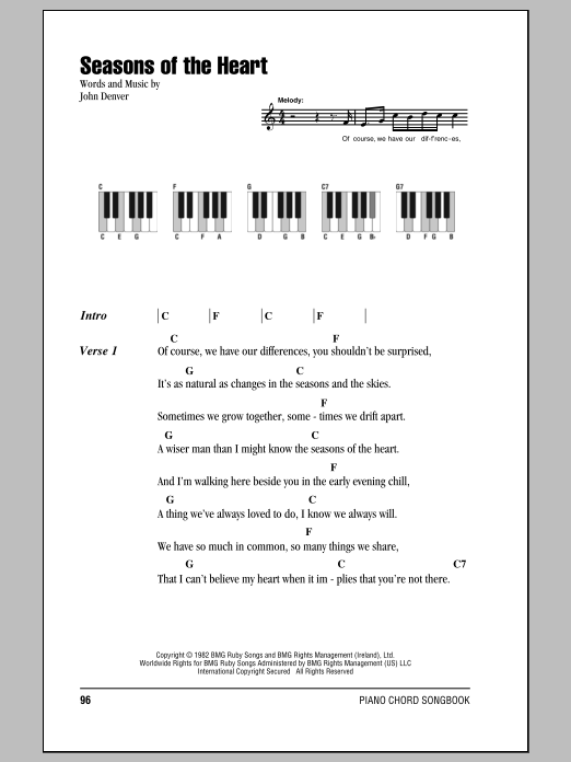 John Denver Seasons Of The Heart sheet music notes and chords arranged for Piano Chords/Lyrics