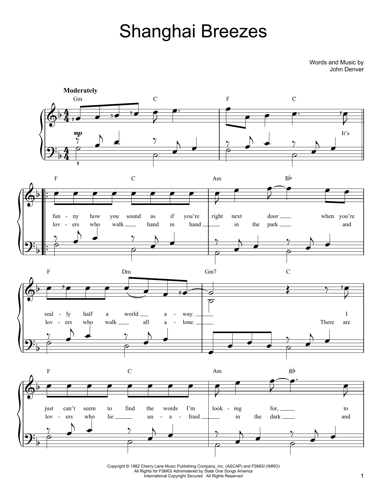 John Denver Shanghai Breezes sheet music notes and chords arranged for Piano Chords/Lyrics