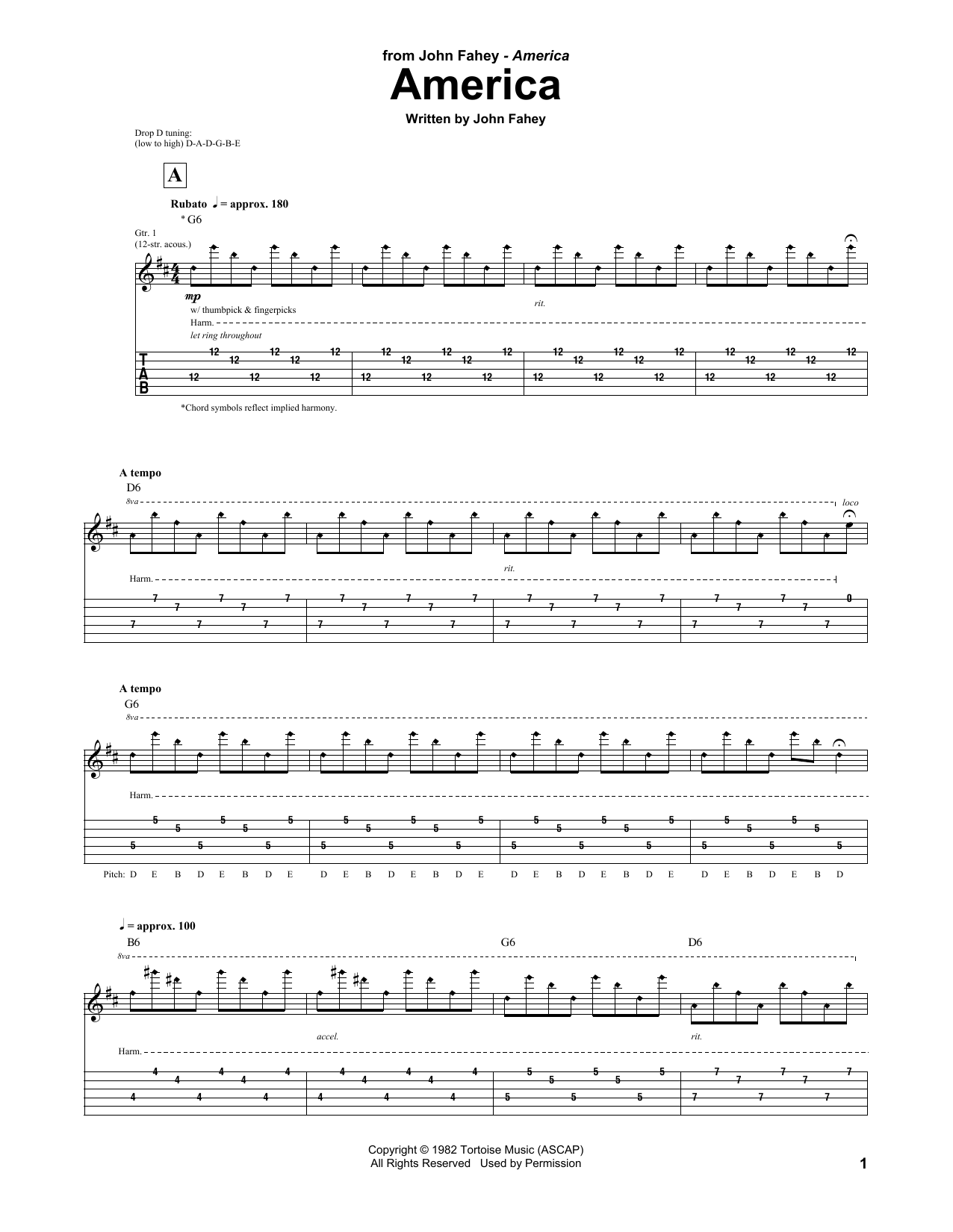 John Fahey America sheet music notes and chords arranged for Guitar Tab