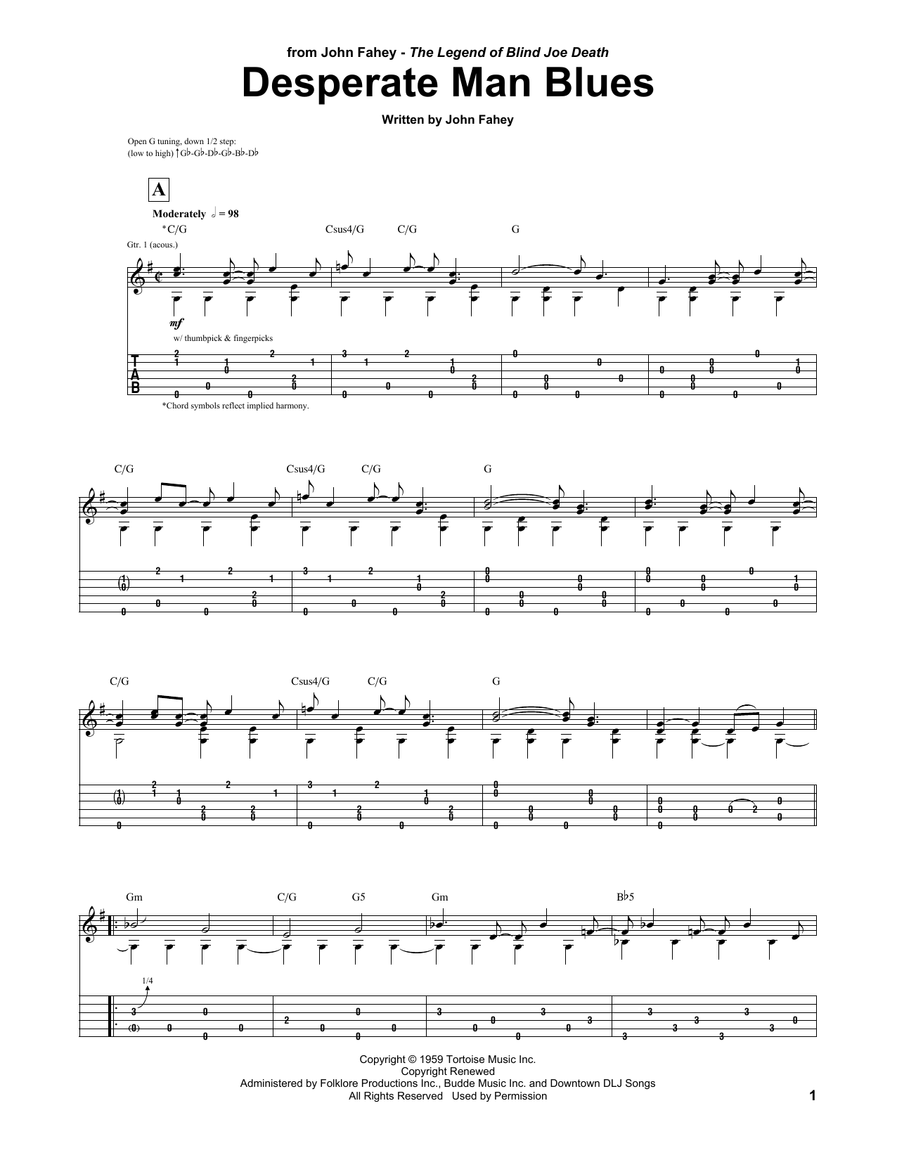 John Fahey Desperate Man Blues sheet music notes and chords arranged for Guitar Lead Sheet