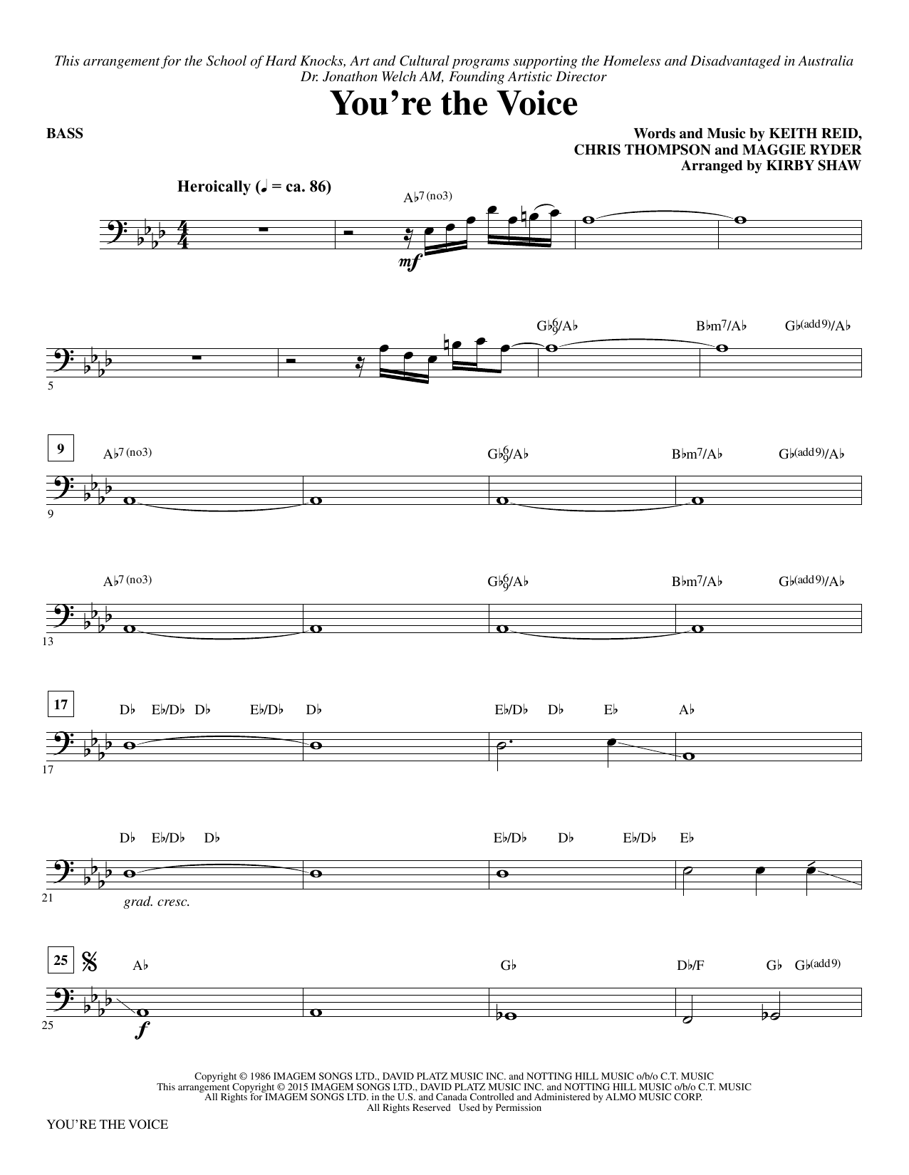 John Farnham You're the Voice (arr. Kirby Shaw) - Bass sheet music notes and chords. Download Printable PDF.