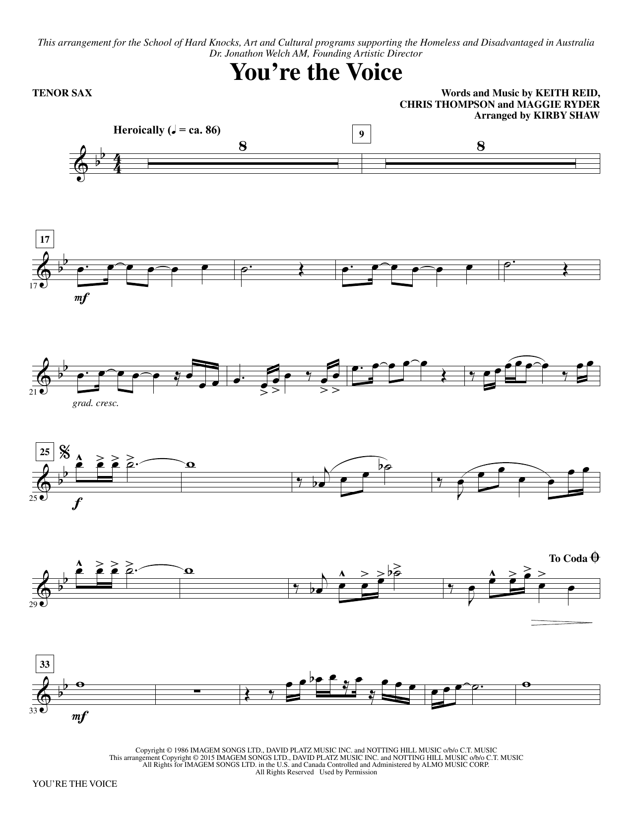 John Farnham You're the Voice (arr. Kirby Shaw) - Bb Tenor Saxophone sheet music notes and chords. Download Printable PDF.