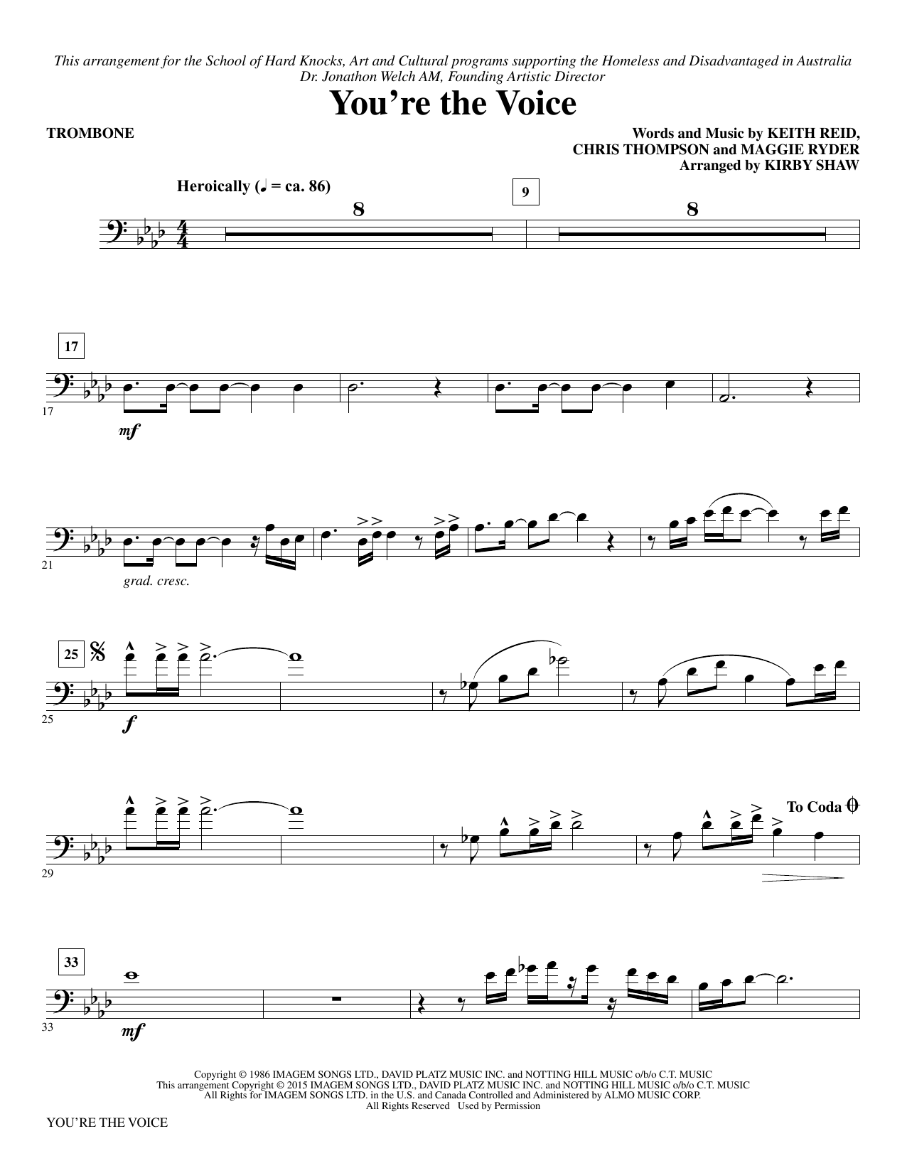 John Farnham You're the Voice (arr. Kirby Shaw) - Trombone sheet music notes and chords. Download Printable PDF.