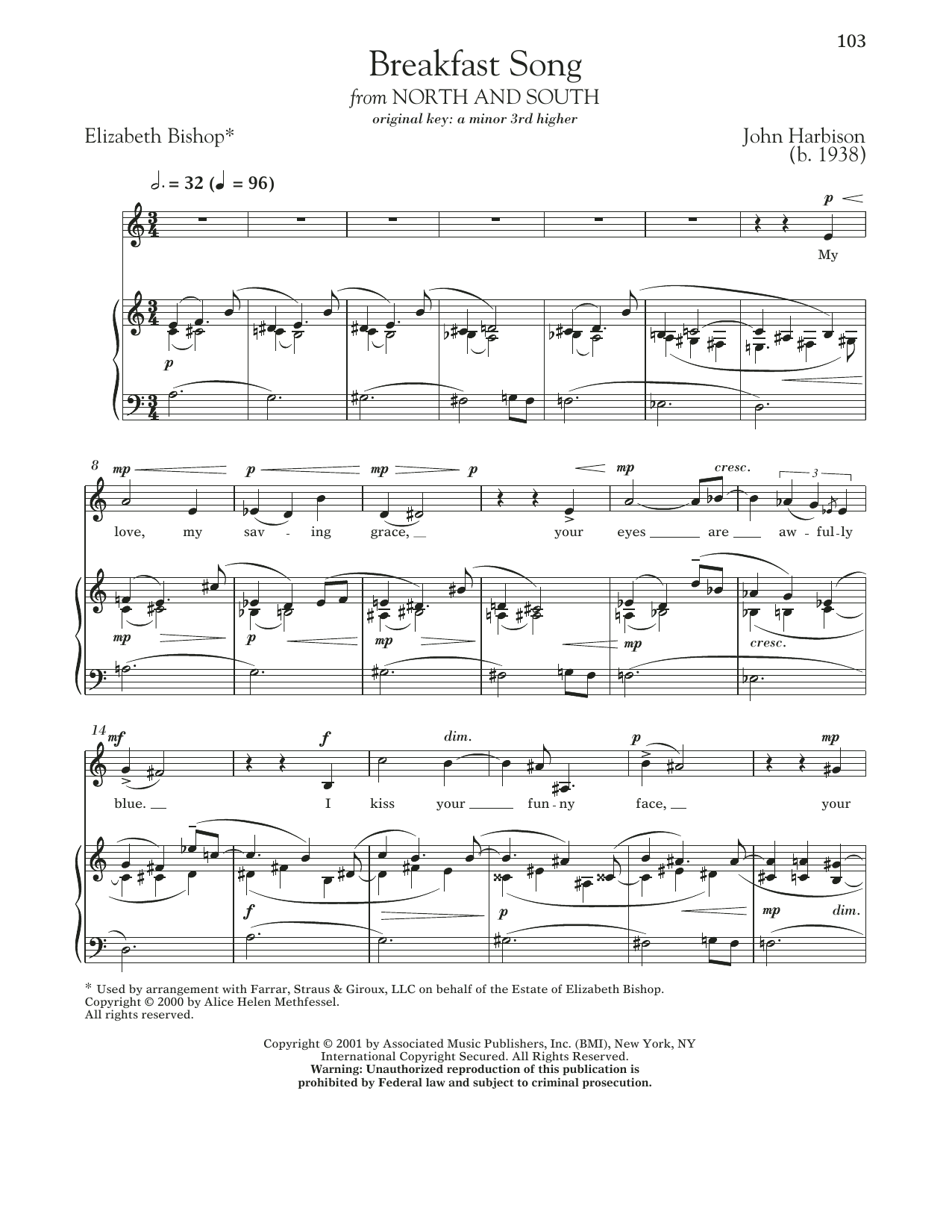 John Harbison Breakfast Song sheet music notes and chords arranged for Piano & Vocal