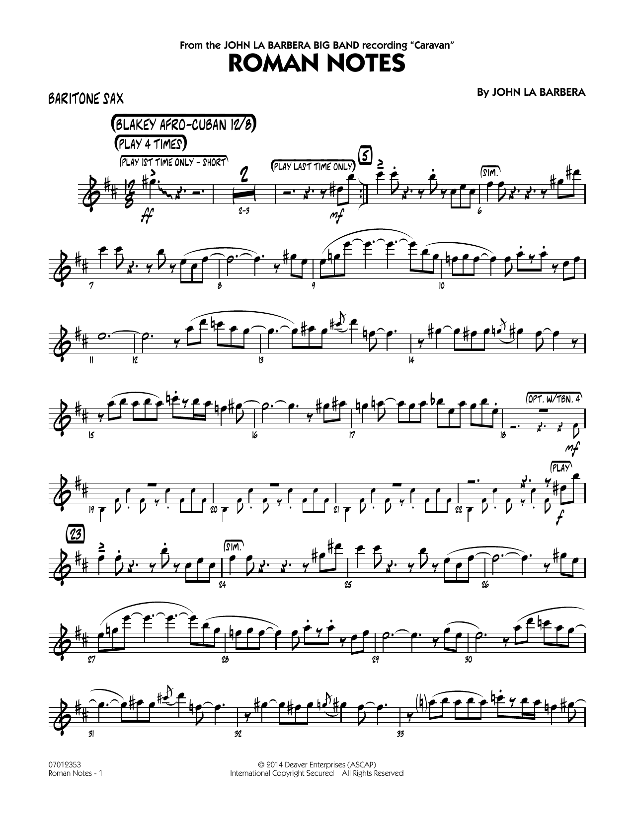 John La Barbera Roman Notes - Baritone Sax sheet music notes and chords. Download Printable PDF.