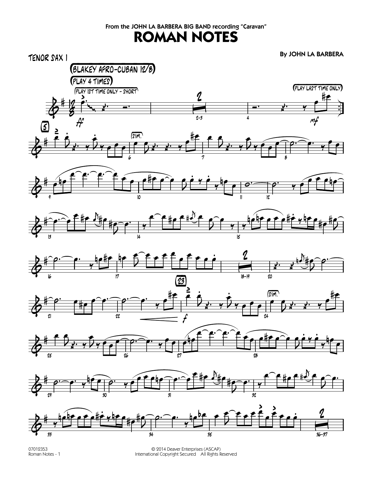 John La Barbera Roman Notes - Tenor Sax 1 sheet music notes and chords. Download Printable PDF.