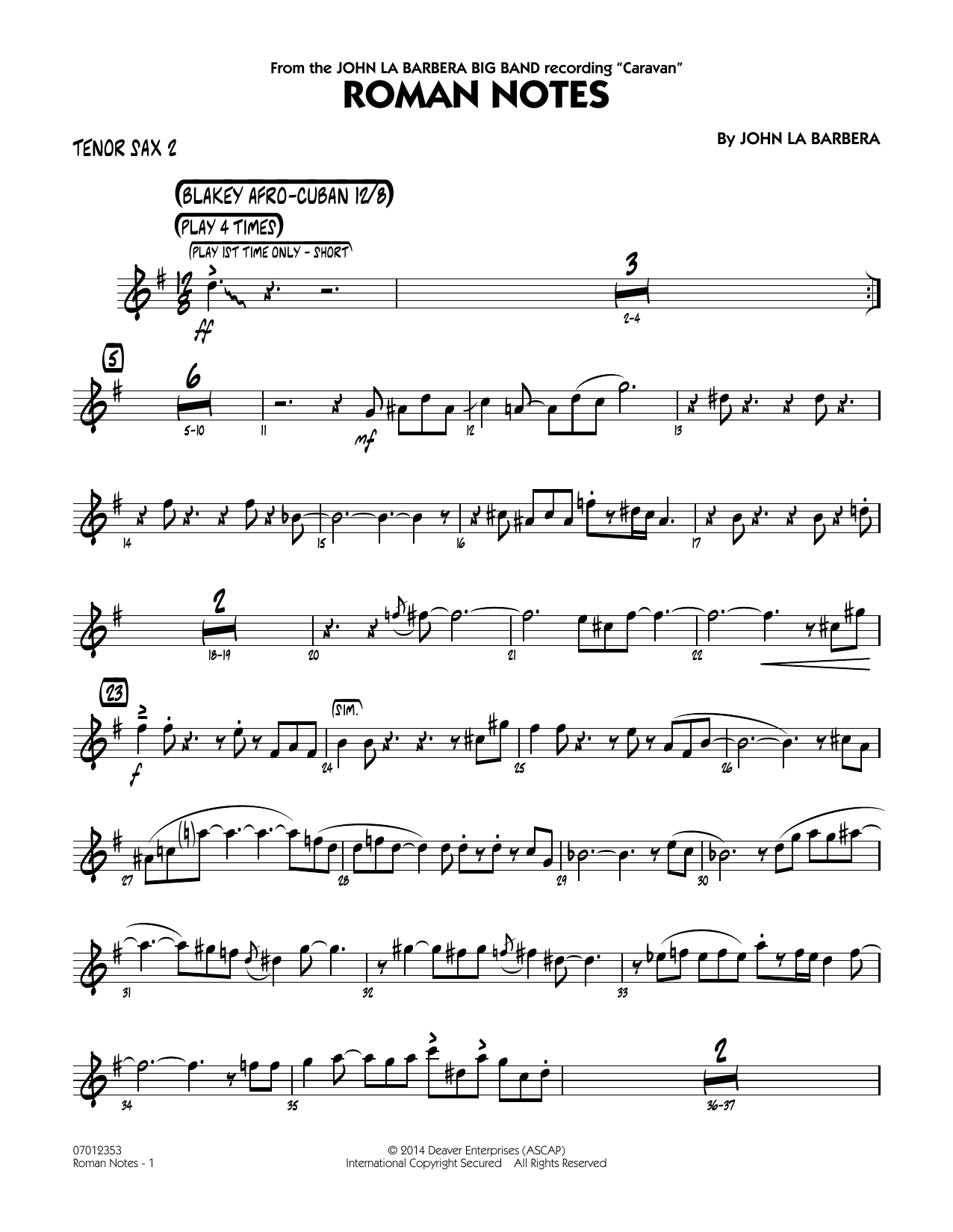 John La Barbera Roman Notes - Tenor Sax 2 sheet music notes and chords. Download Printable PDF.