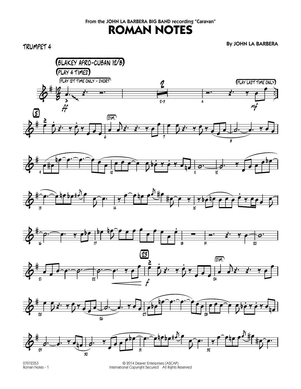 John La Barbera Roman Notes - Trumpet 4 sheet music notes and chords. Download Printable PDF.