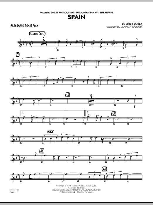 John La Barbera Spain - Alternate Tenor Sax sheet music notes and chords. Download Printable PDF.