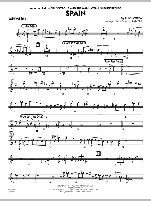 John La Barbera Spain - Baritone Sax sheet music notes and chords. Download Printable PDF.