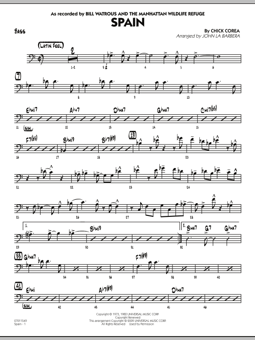 John La Barbera Spain - Bass sheet music notes and chords. Download Printable PDF.
