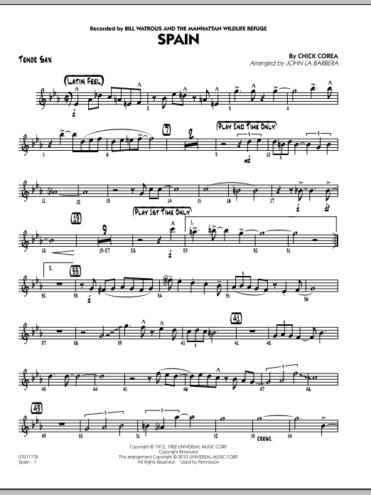 John La Barbera Spain - Tenor Sax sheet music notes and chords. Download Printable PDF.
