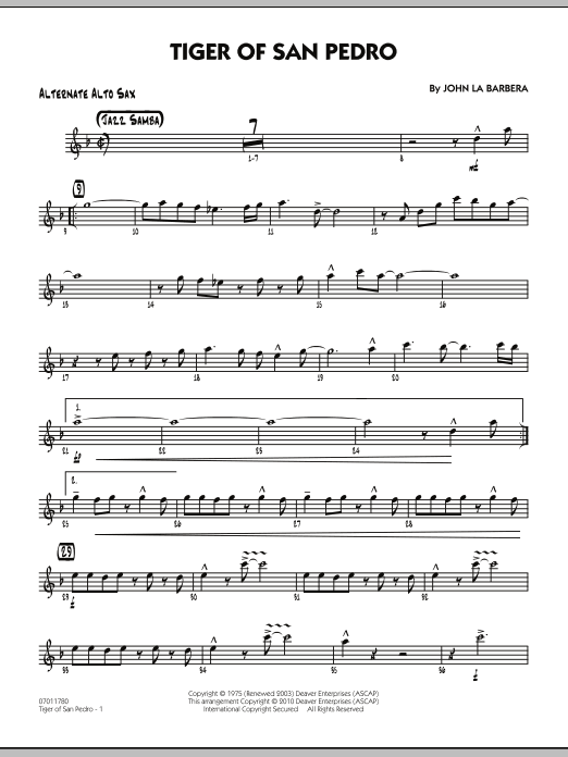 John La Barbera Tiger Of San Pedro - Alternate Alto Sax sheet music notes and chords. Download Printable PDF.