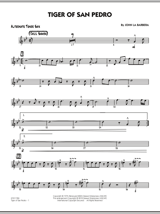 John La Barbera Tiger Of San Pedro - Alternate Tenor Sax sheet music notes and chords. Download Printable PDF.