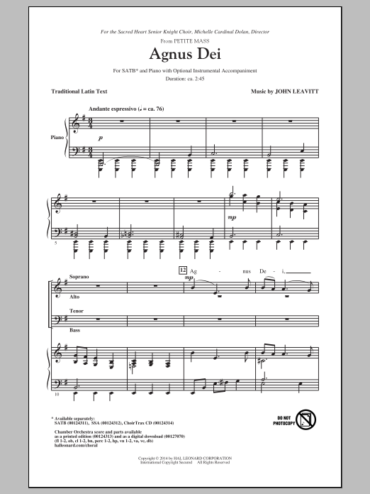 John Leavitt Agnus Dei (from Petite Mass) sheet music notes and chords arranged for SSA Choir