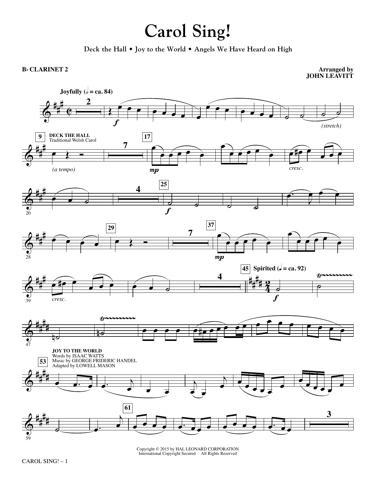 John Leavitt Carol Sing! - Bb Clarinet 2 sheet music notes and chords arranged for Choir Instrumental Pak