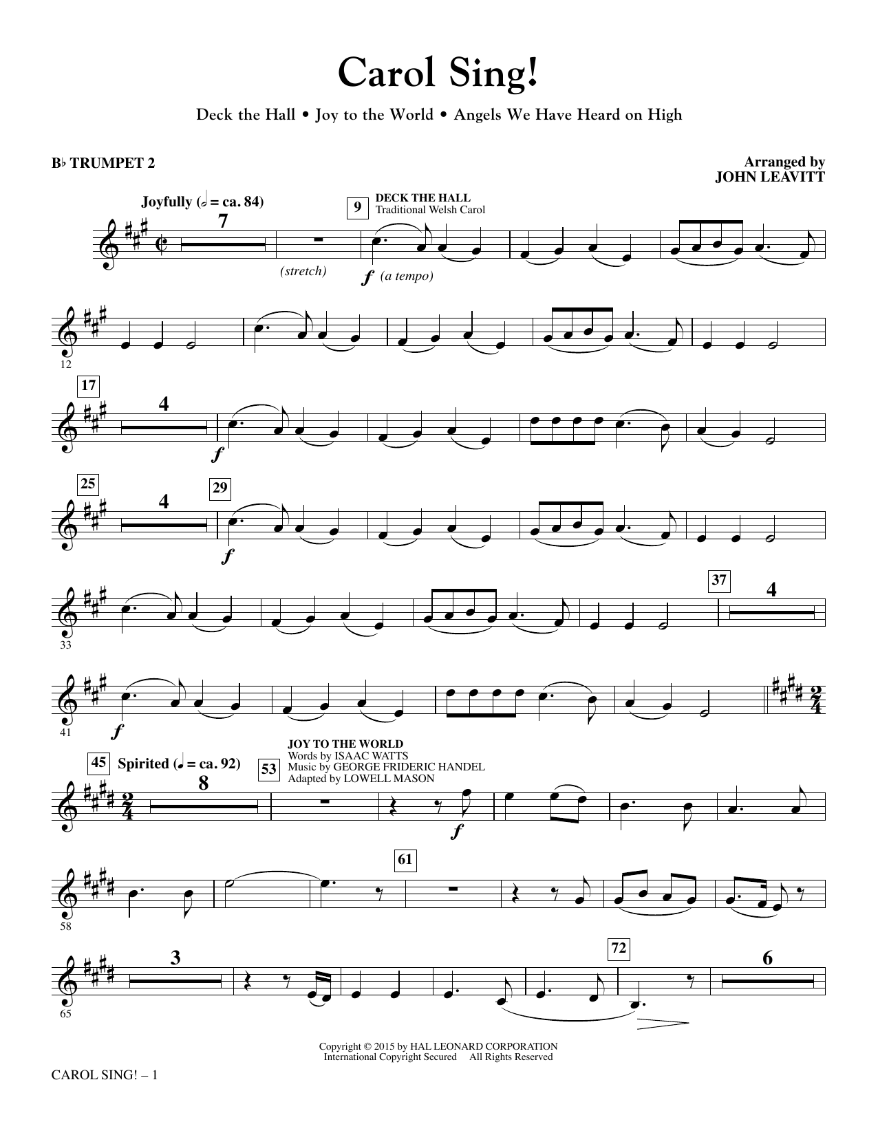 John Leavitt Carol Sing! - Bb Trumpet 2 sheet music notes and chords arranged for Choir Instrumental Pak