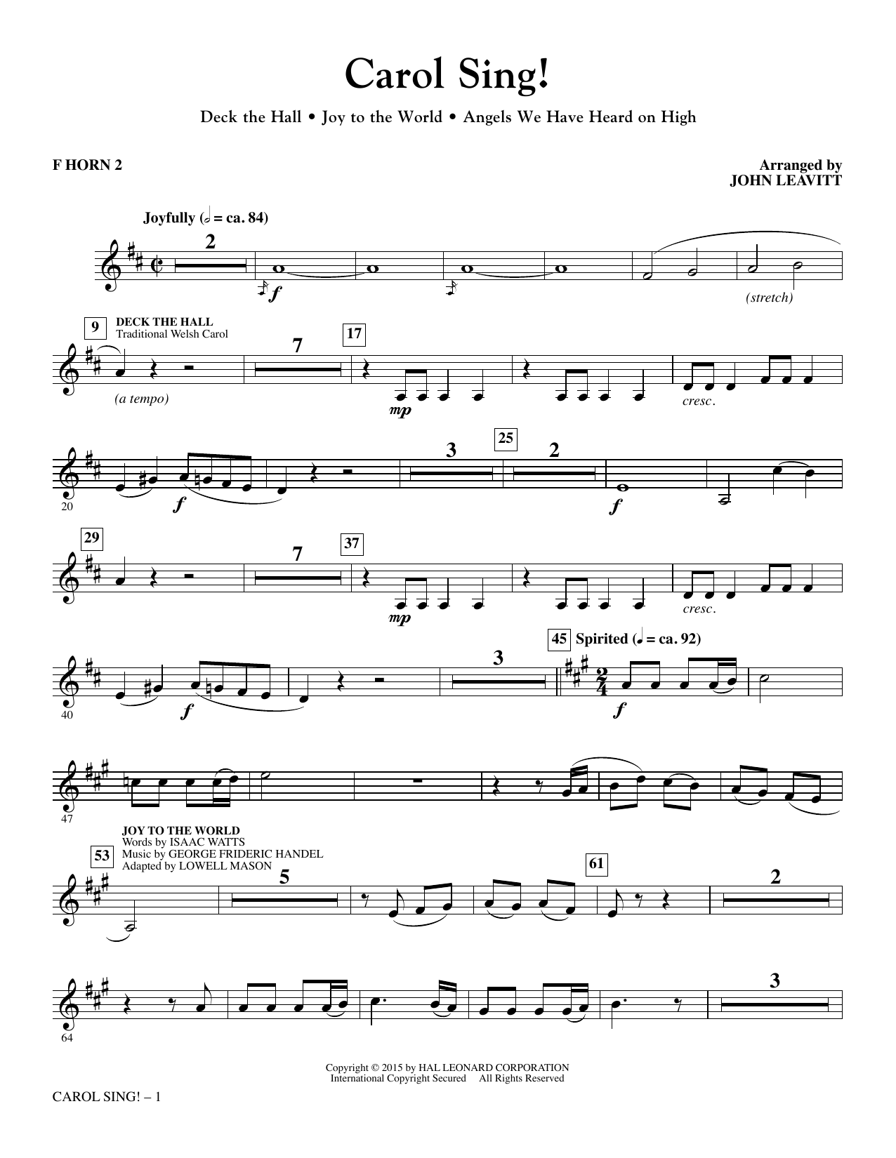 John Leavitt Carol Sing! - F Horn 2 sheet music notes and chords arranged for Choir Instrumental Pak