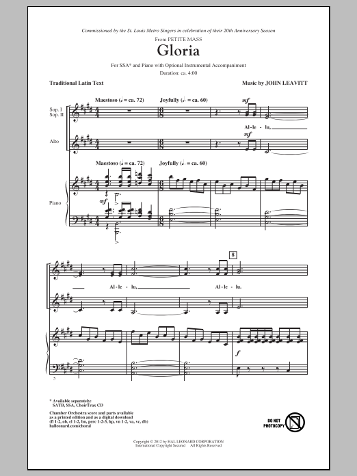 John Leavitt Gloria (from Petite Mass) sheet music notes and chords arranged for SSA Choir