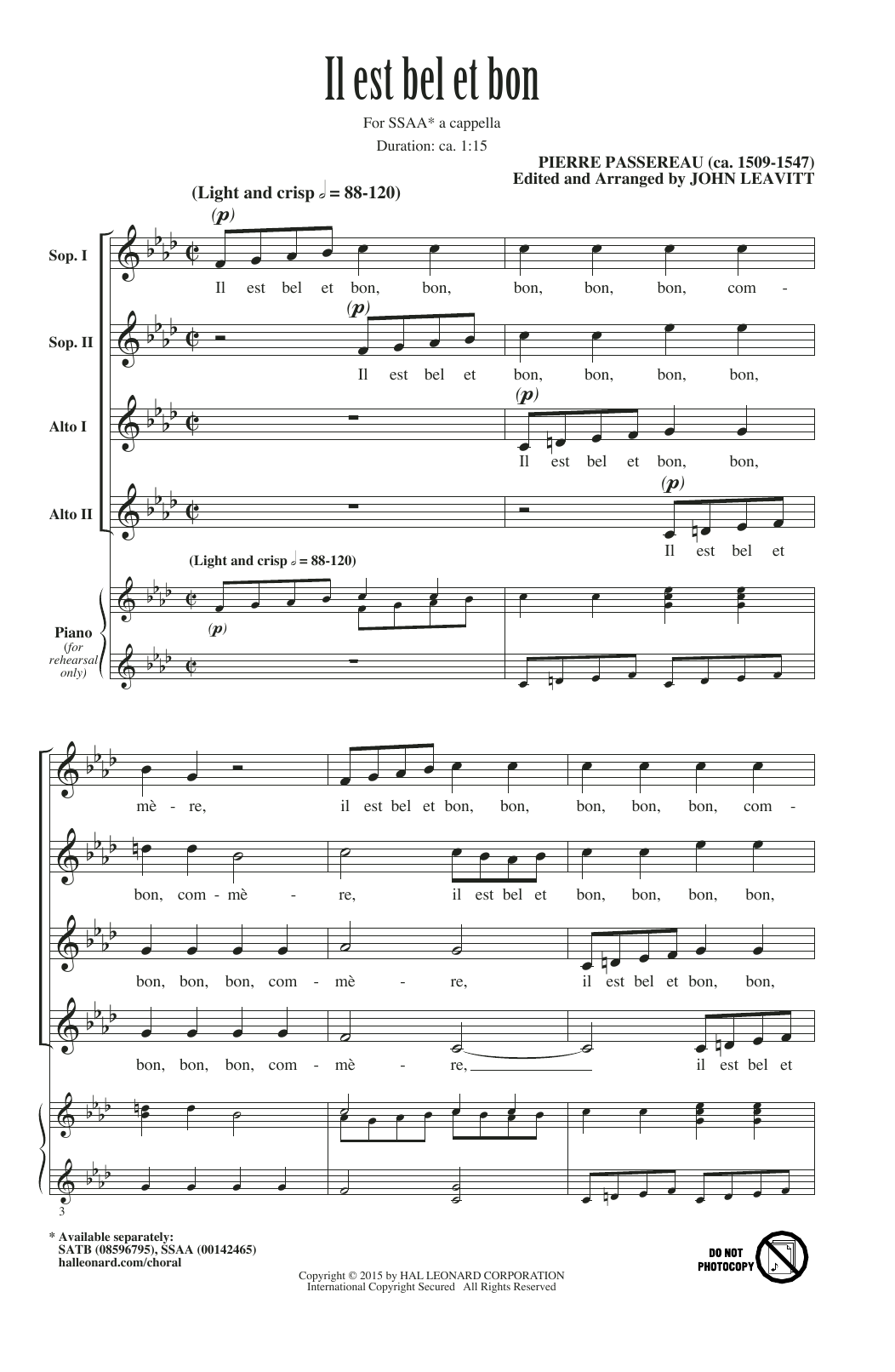 John Leavitt Il Est Bel Et Bon (A Good And Handsome Man) sheet music notes and chords arranged for SATB Choir
