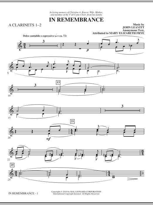 John Leavitt In Remembrance - A Clarinet 1,2 sheet music notes and chords. Download Printable PDF.