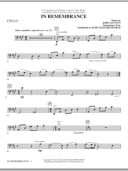 John Leavitt In Remembrance - Cello sheet music notes and chords. Download Printable PDF.