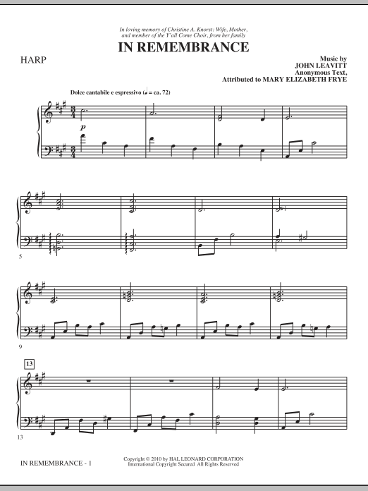 John Leavitt In Remembrance - Harp sheet music notes and chords. Download Printable PDF.