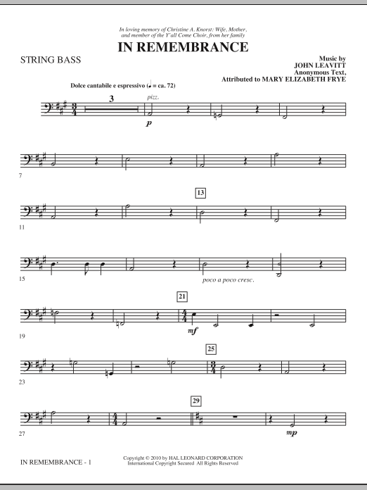John Leavitt In Remembrance - String Bass sheet music notes and chords. Download Printable PDF.
