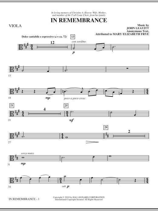 John Leavitt In Remembrance - Viola sheet music notes and chords. Download Printable PDF.