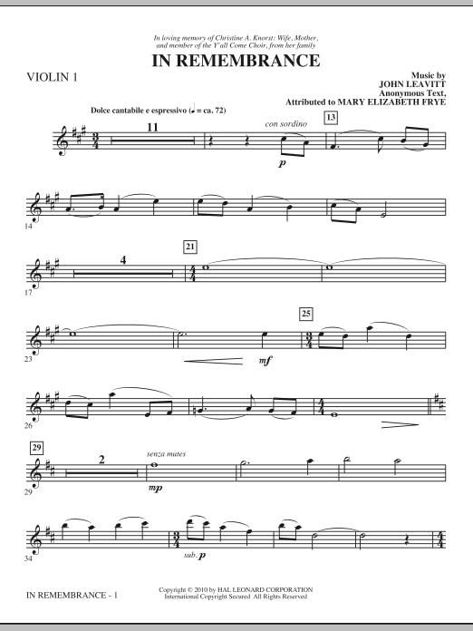 John Leavitt In Remembrance - Violin 1 sheet music notes and chords. Download Printable PDF.