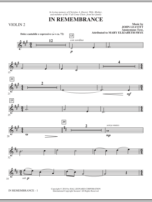 John Leavitt In Remembrance - Violin 2 sheet music notes and chords. Download Printable PDF.
