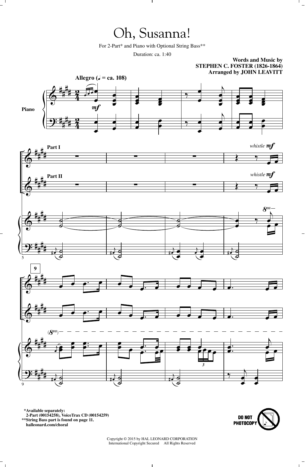 John Leavitt Oh! Susanna sheet music notes and chords arranged for 2-Part Choir