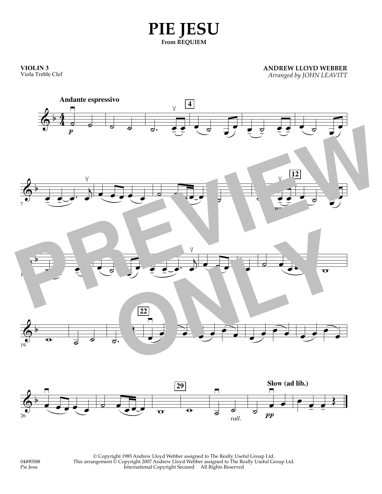 John Leavitt Pie Jesu (from Requiem) - Violin 3 (Viola Treble Clef) sheet music notes and chords arranged for Orchestra