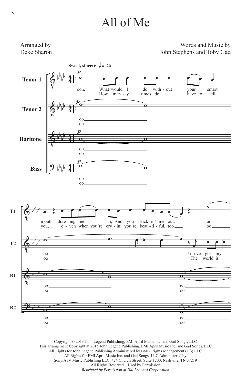 John Legend All Of Me (arr. Deke Sharon) sheet music notes and chords arranged for TTBB Choir