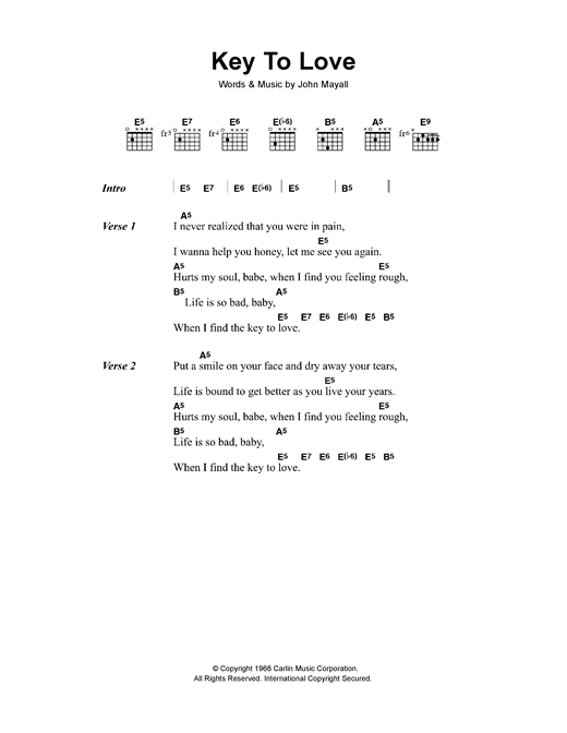 John Mayall's Bluesbreakers with Eric Clapton Key To Love sheet music notes and chords arranged for Guitar Chords/Lyrics