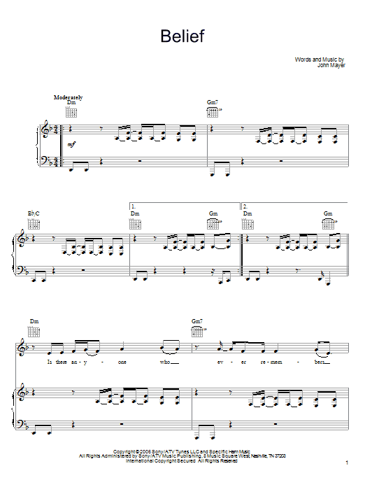 John Mayer Belief sheet music notes and chords arranged for Piano, Vocal & Guitar Chords (Right-Hand Melody)