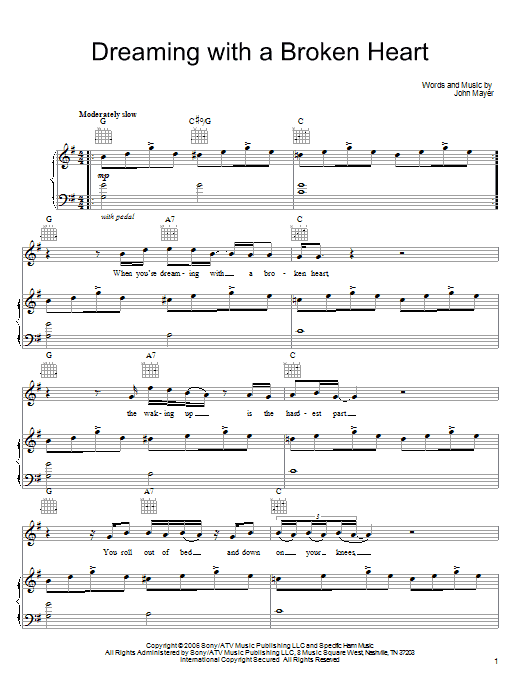 John Mayer Dreaming With A Broken Heart sheet music notes and chords arranged for Piano, Vocal & Guitar Chords (Right-Hand Melody)