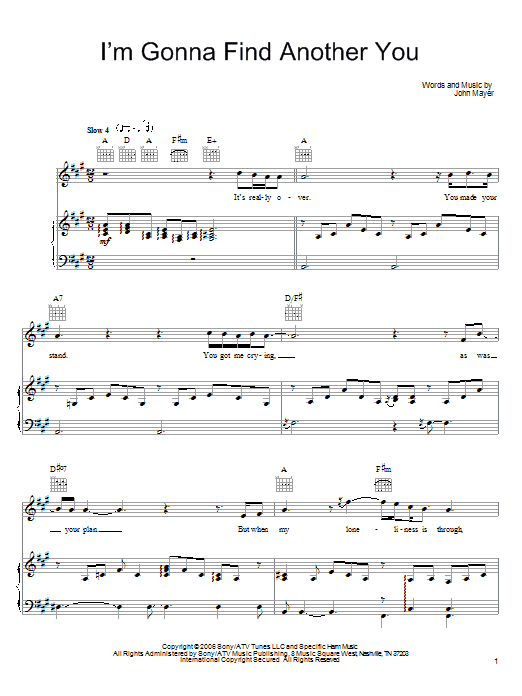 John Mayer I'm Gonna Find Another You sheet music notes and chords arranged for Piano, Vocal & Guitar Chords (Right-Hand Melody)