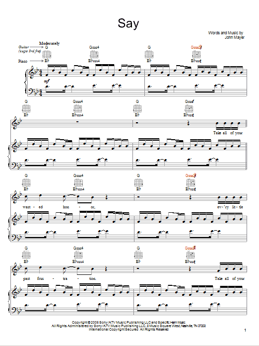 John Mayer Say sheet music notes and chords arranged for Ukulele Chords/Lyrics
