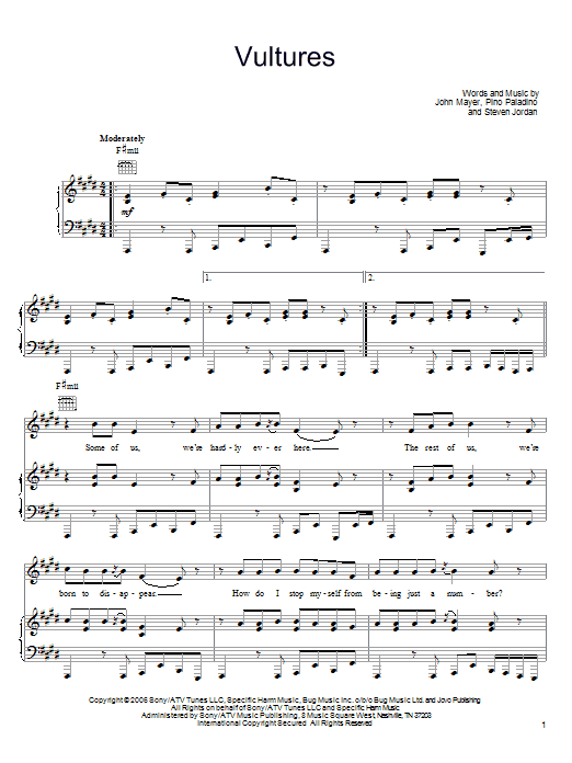 John Mayer Vultures sheet music notes and chords arranged for Piano, Vocal & Guitar Chords (Right-Hand Melody)