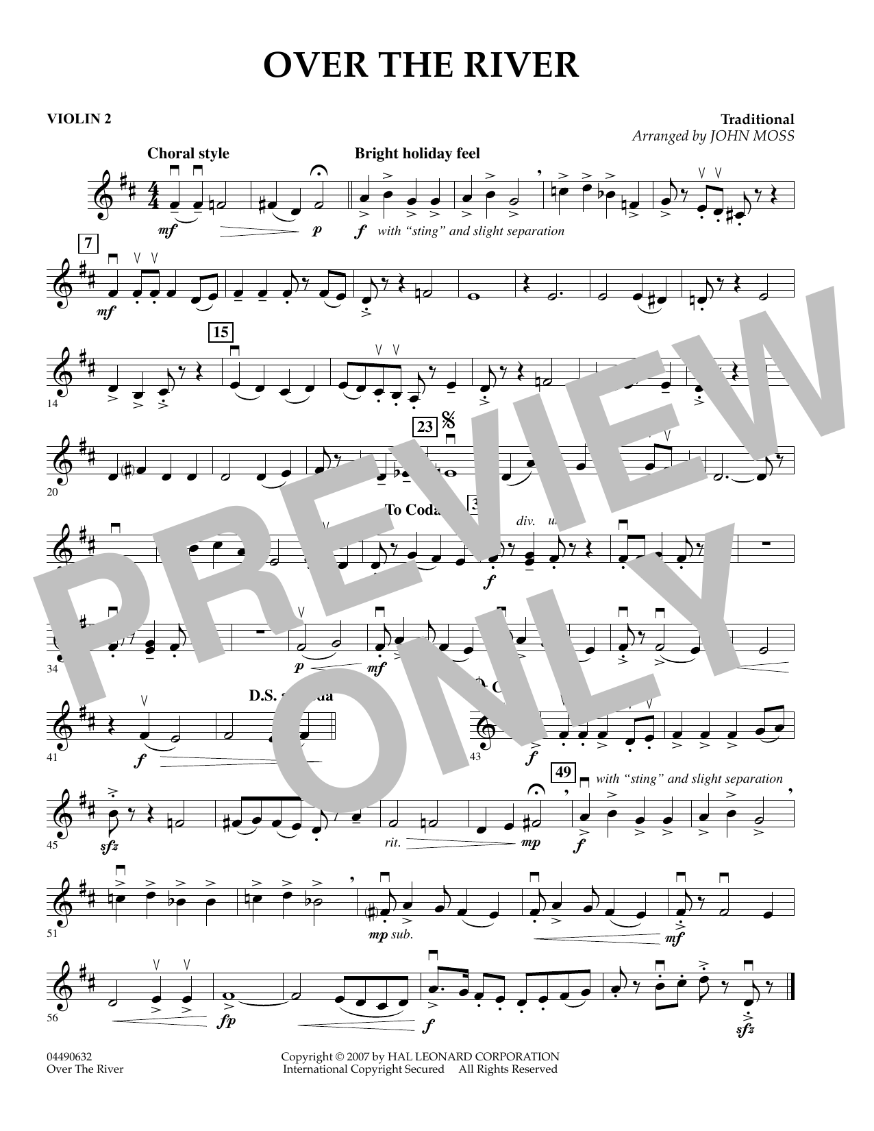 John Moss Over The River - Violin 2 sheet music notes and chords arranged for Orchestra
