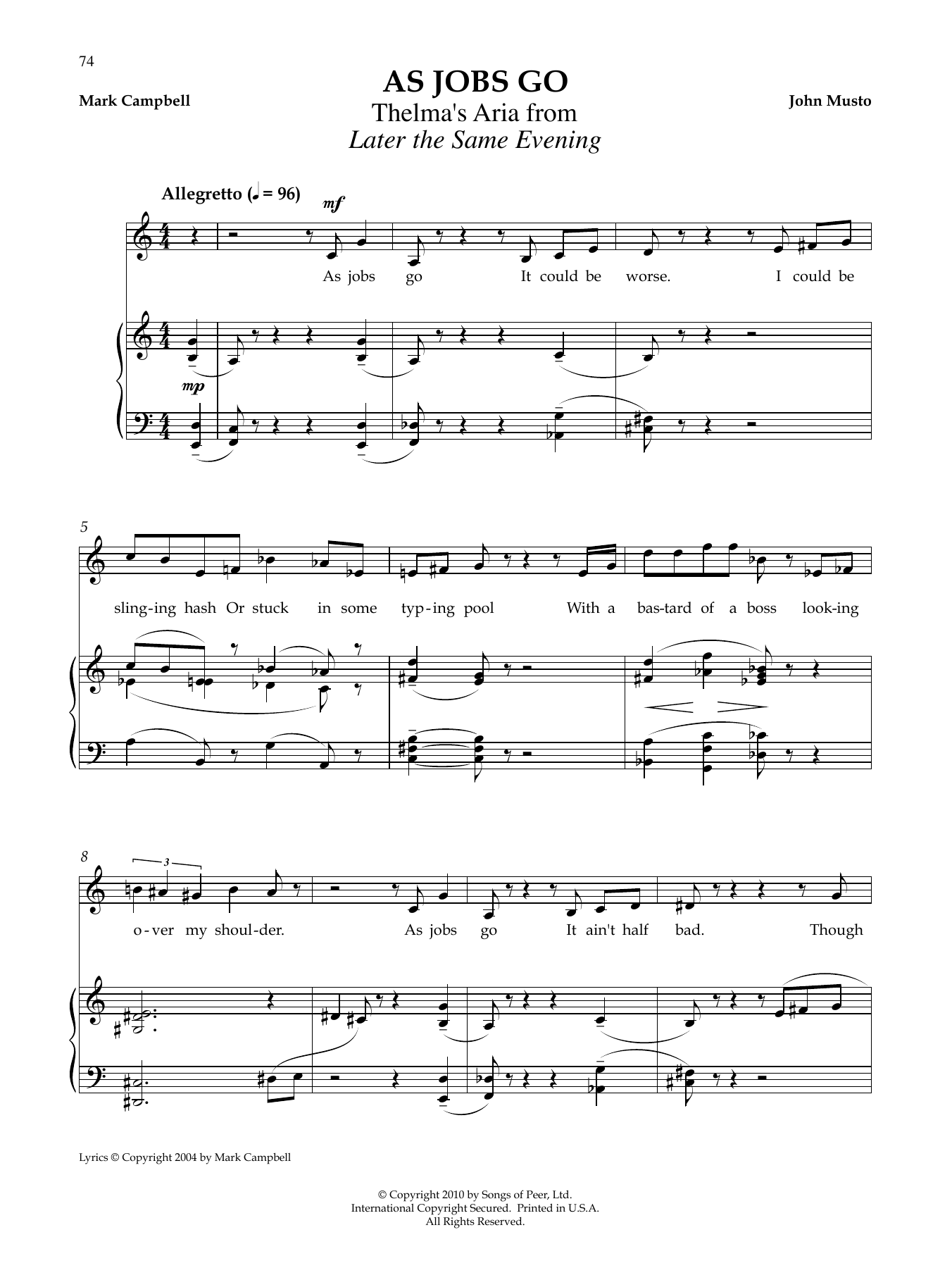 John Musto As Jobs Go sheet music notes and chords arranged for Piano & Vocal