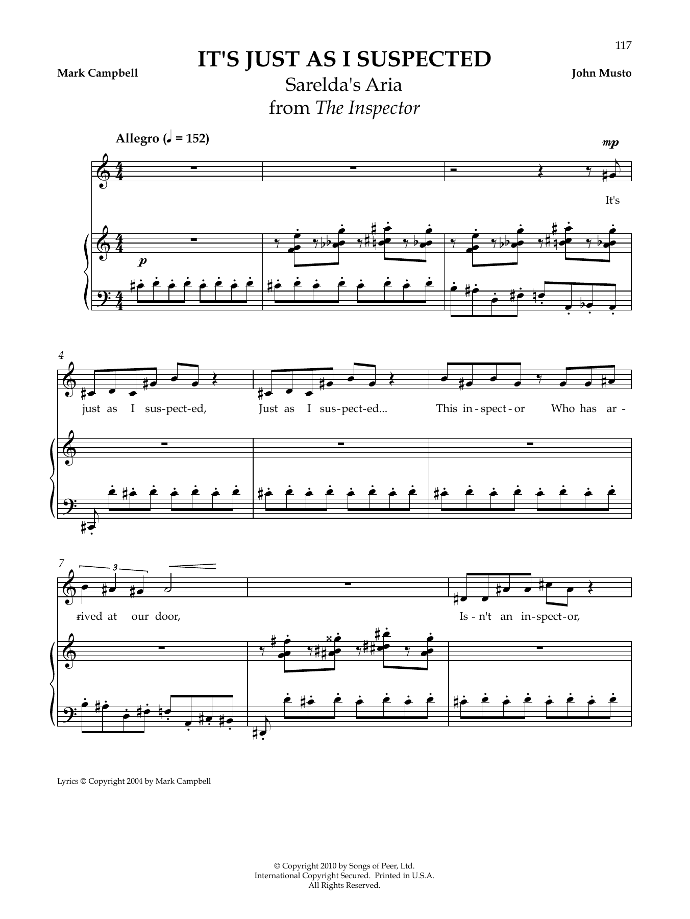 John Musto It's Just As I Suspected sheet music notes and chords arranged for Piano & Vocal