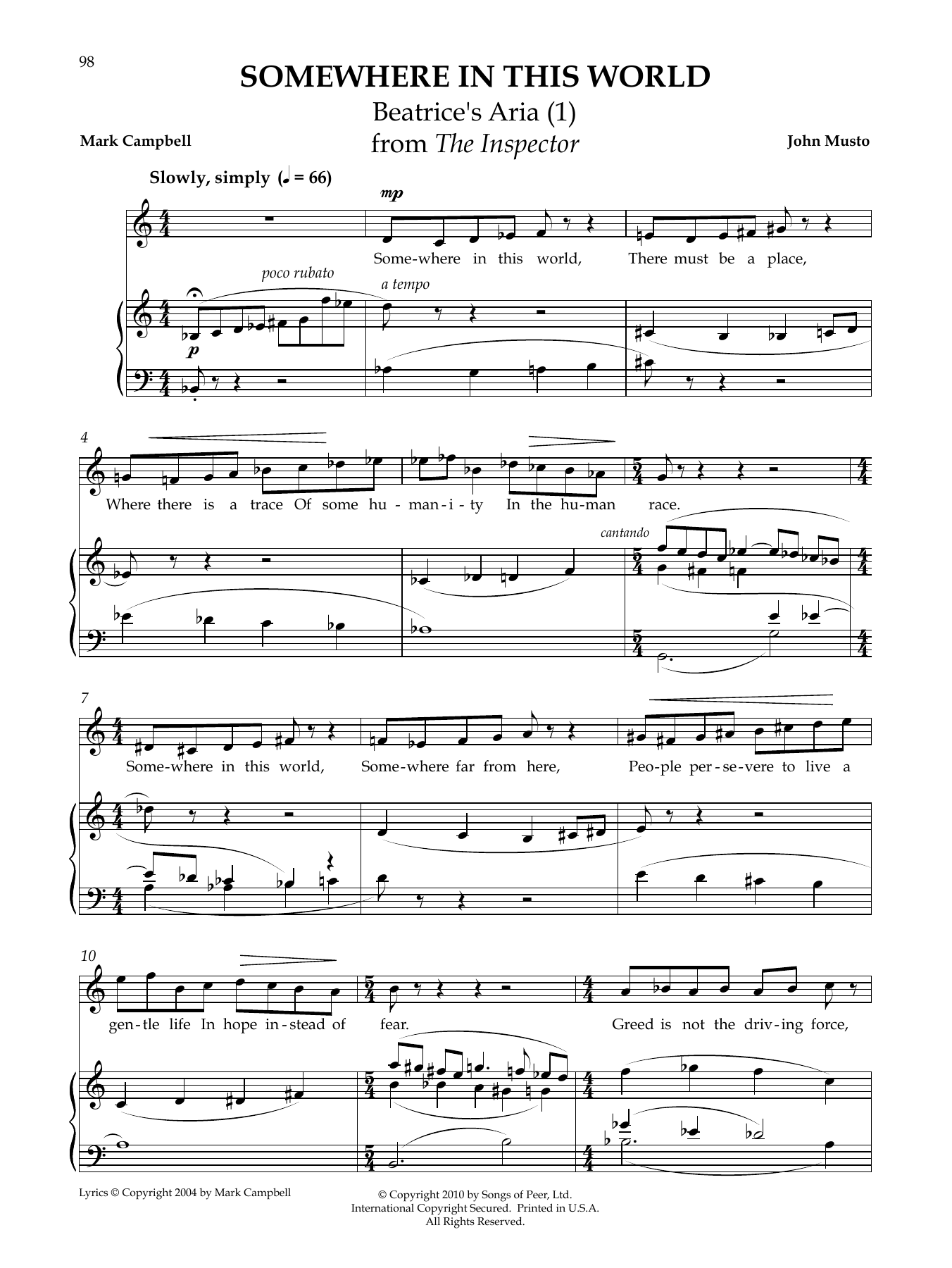 John Musto Somewhere In This World sheet music notes and chords arranged for Piano & Vocal