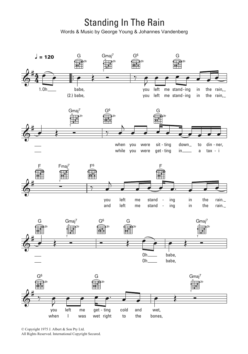 John Paul Young Standing In The Rain sheet music notes and chords arranged for Lead Sheet / Fake Book